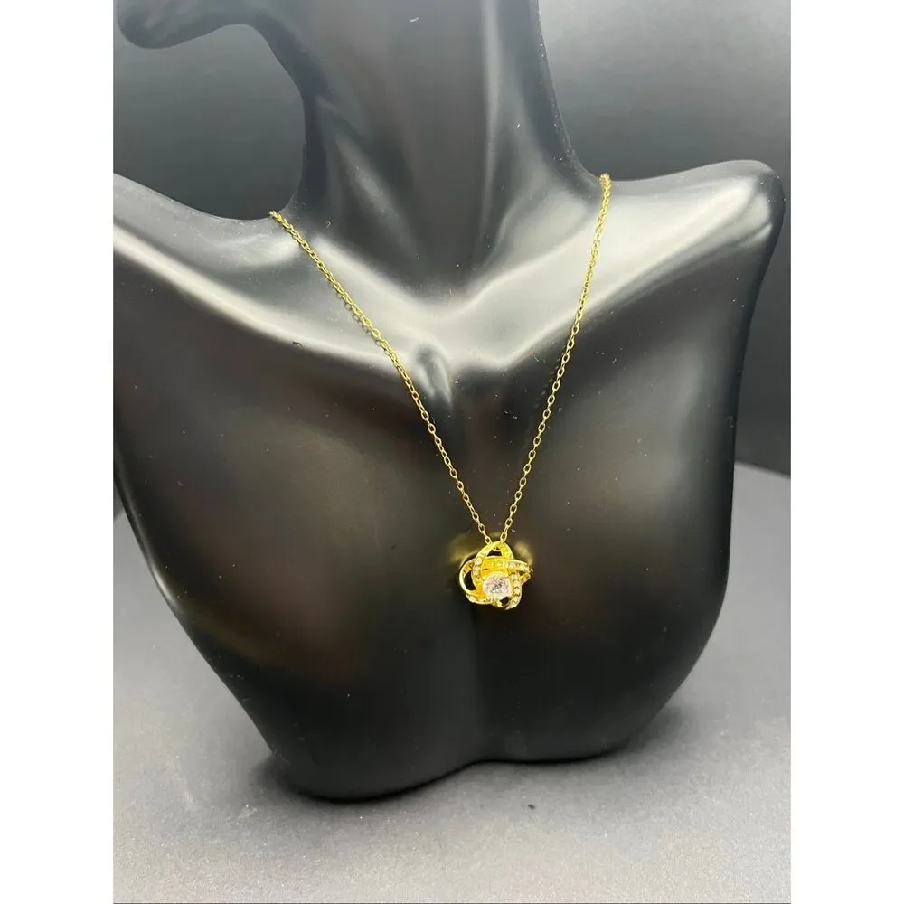 Red Apple Faux Rose Large Gift Box Gold Tone Cubic Zirconia Love Knot Necklace